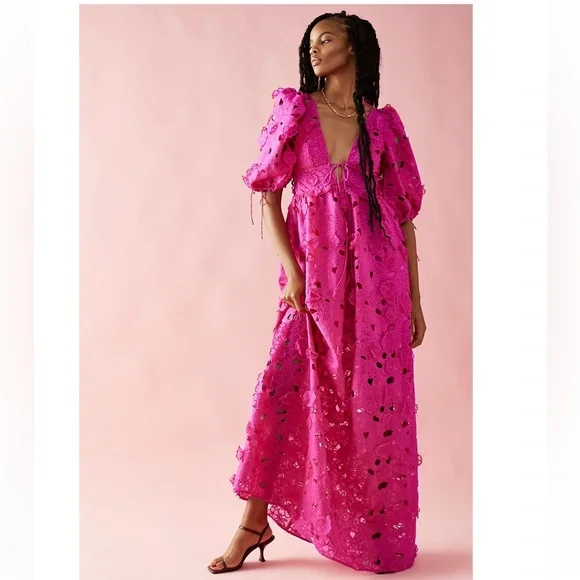 For Love & Lemons Leighton Serena 3d Floral Textured Cute Ties Maxi Dress - Picture 1 of 9